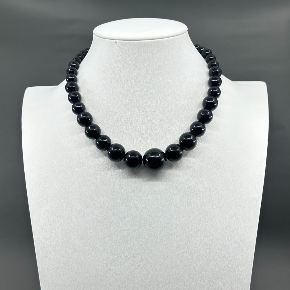 Black Graduated Bead Necklace Glossy Gothic Statement Vintage Costume Jewelry